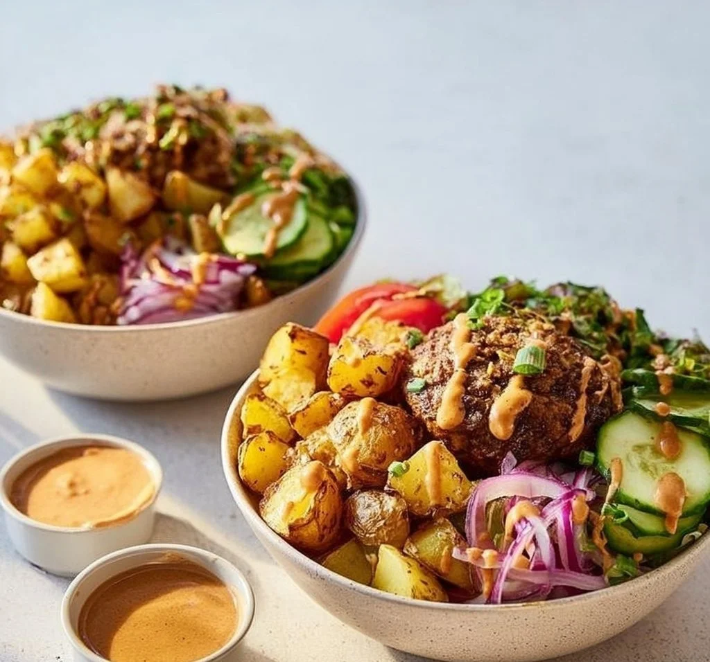Delicious burger bowls topped with crispy potatoes for a flavorful meal