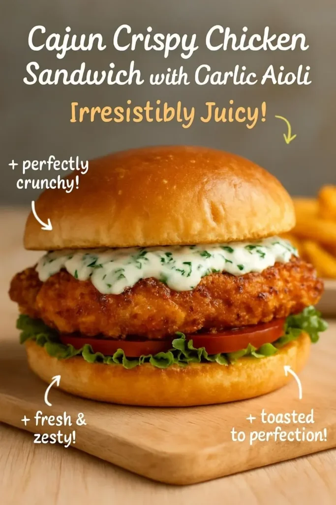 Cajun Crispy Chicken Sandwich with Garlic Aioli, served on a rustic bun