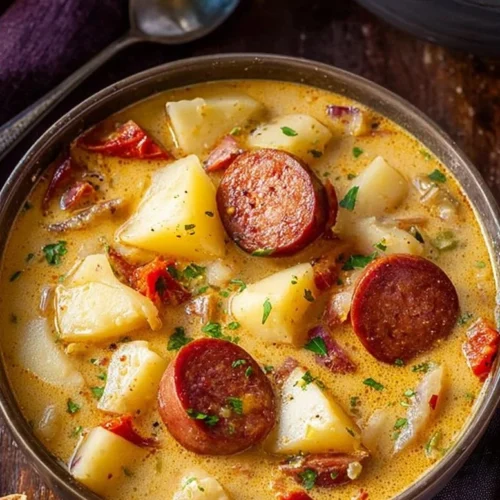 Bowl of delicious Cajun Potato Soup topped with fresh herbs