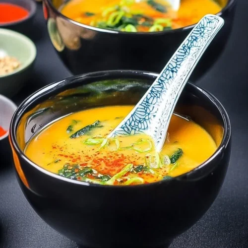 Delicious bowl of Carrot Ginger Miso Soup garnished with green onions