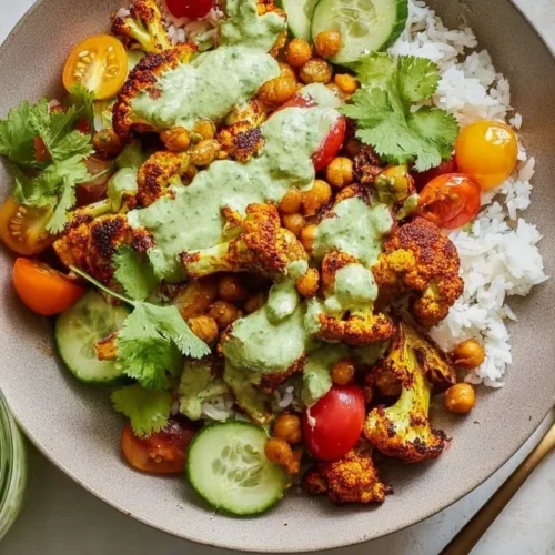 Delicious Cauliflower Shawarma Bowls with fresh vegetables and spices