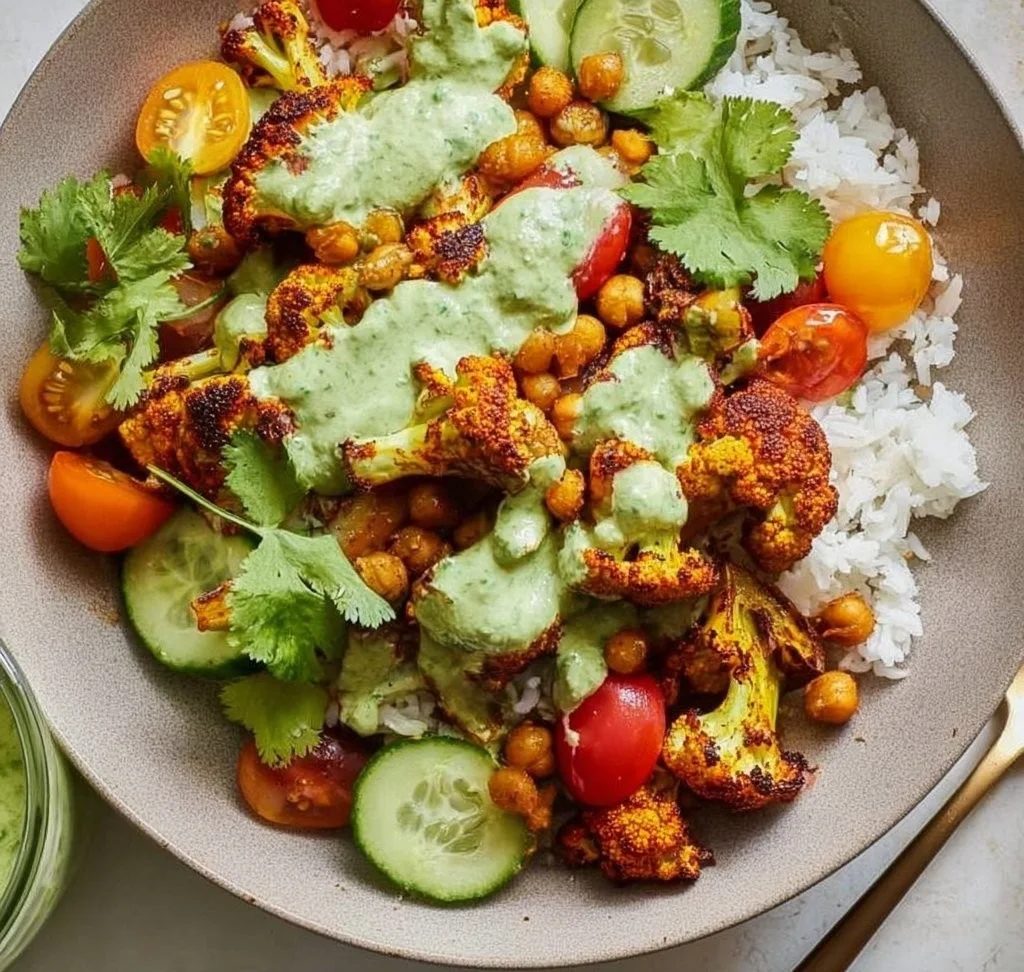 Delicious Cauliflower Shawarma Bowls with fresh vegetables and spices