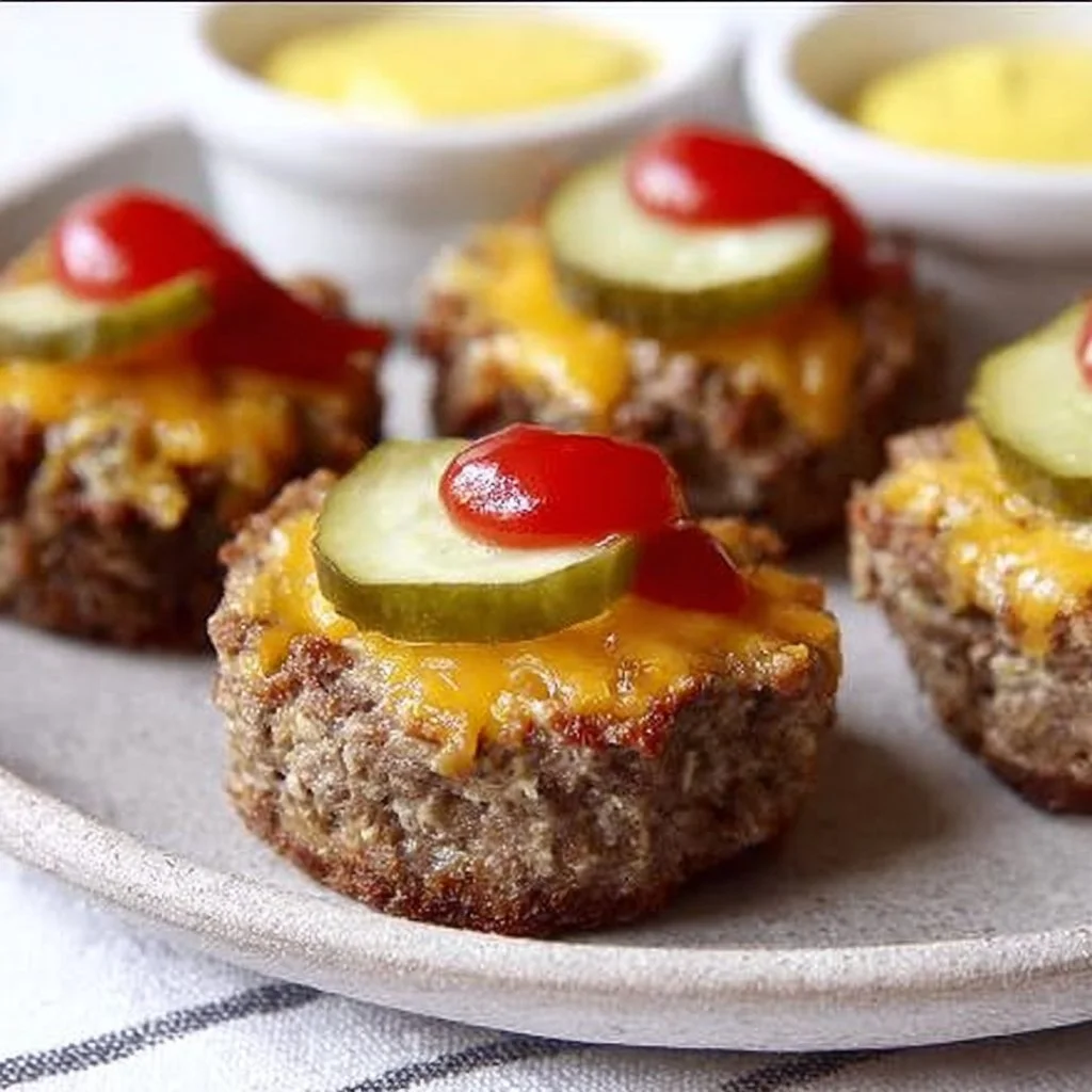 Cheeseburger mini meatloaves served on a plate, garnished with fresh herbs.