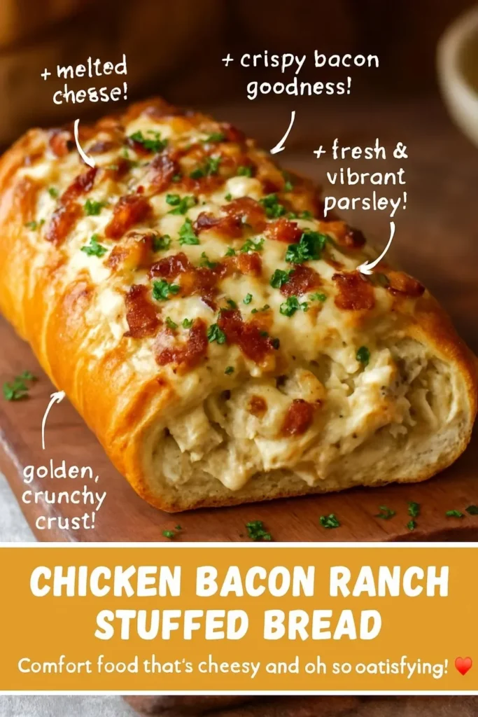 Delicious Chicken Turkey Bacon Ranch Stuffed Bread with melted cheese and crispy turkey bacon
