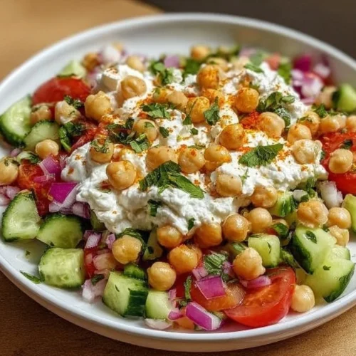 Cottage Cheese and Chickpeas Salad with fresh vegetables and herbs