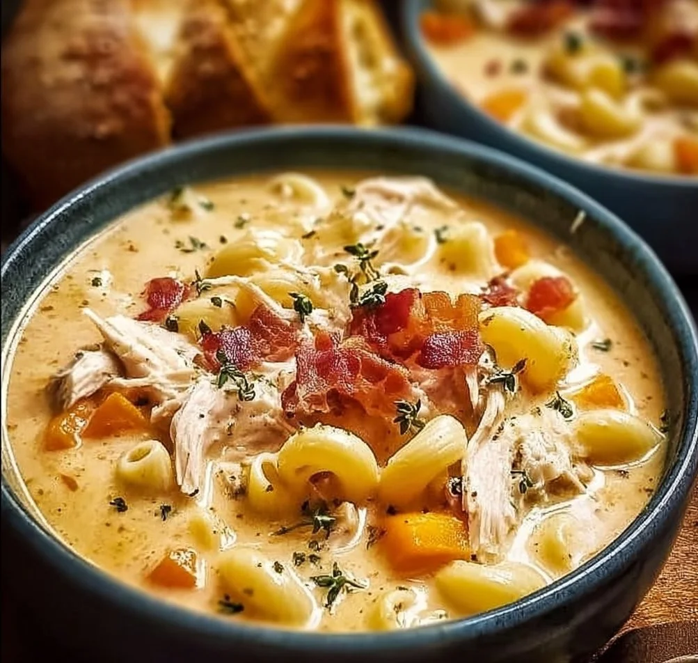 Bowl of cozy creamy chicken macaroni cheese soup topped with herbs