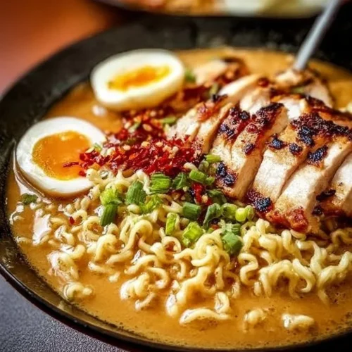 Bowl of creamy garlic chicken ramen with toppings and broth