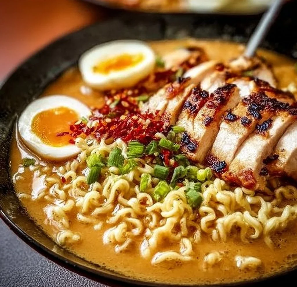 Bowl of creamy garlic chicken ramen with toppings and broth