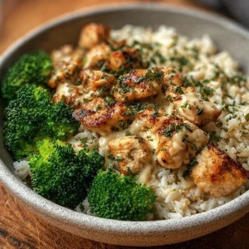 Creamy garlic chicken rice bowls topped with herbs and spices
