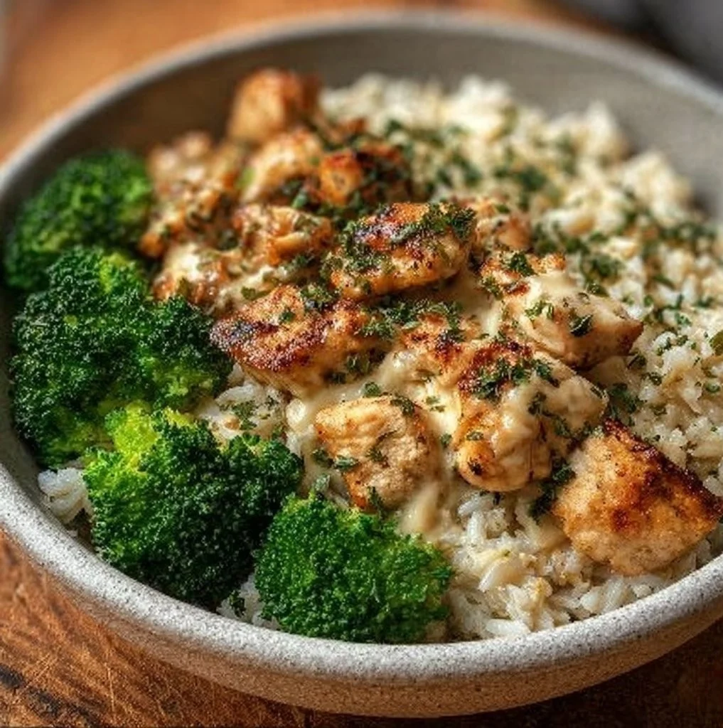 Creamy garlic chicken rice bowls topped with herbs and spices