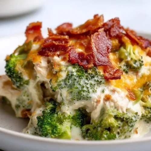 Creamy low carb chicken casserole ready to serve in a baking dish.
