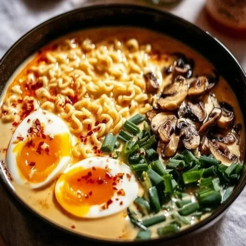 Bowl of creamy ramen with toppings like soft-boiled egg, green onions, and seaweed.
