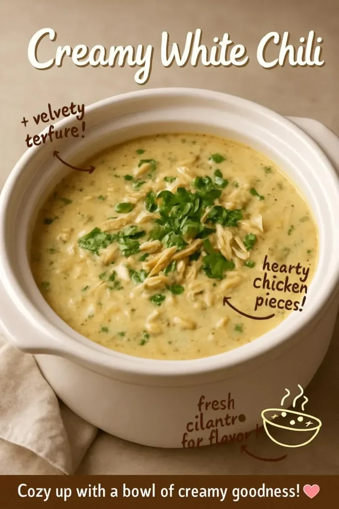 Bowl of creamy white chili topped with cilantro and served with bread