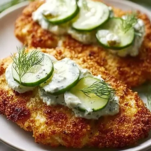 Crispy Dill Pickle Parmesan Chicken garnished on a plate