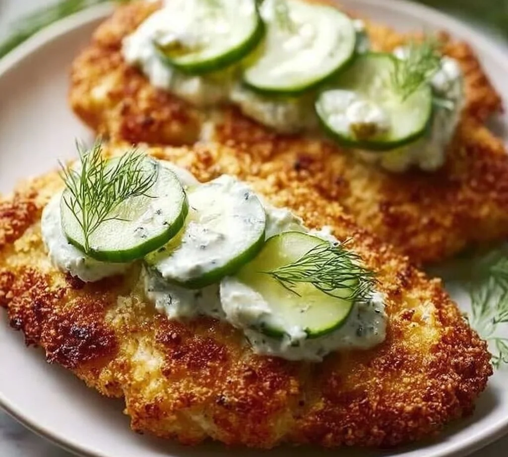 Crispy Dill Pickle Parmesan Chicken garnished on a plate