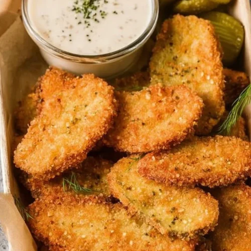 Crispy homemade fried pickles served with dipping sauce