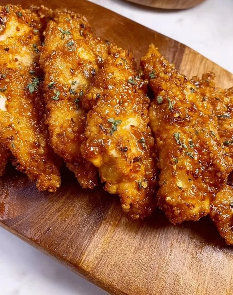 Crispy honey garlic chicken garnished with green onions on a white plate
