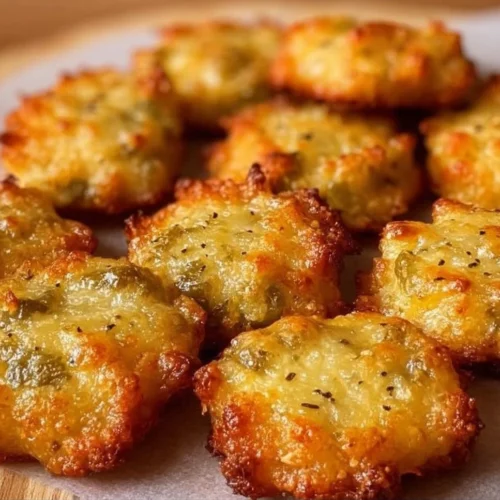 Crispy pickle cheese bites served on a platter with dipping sauce.