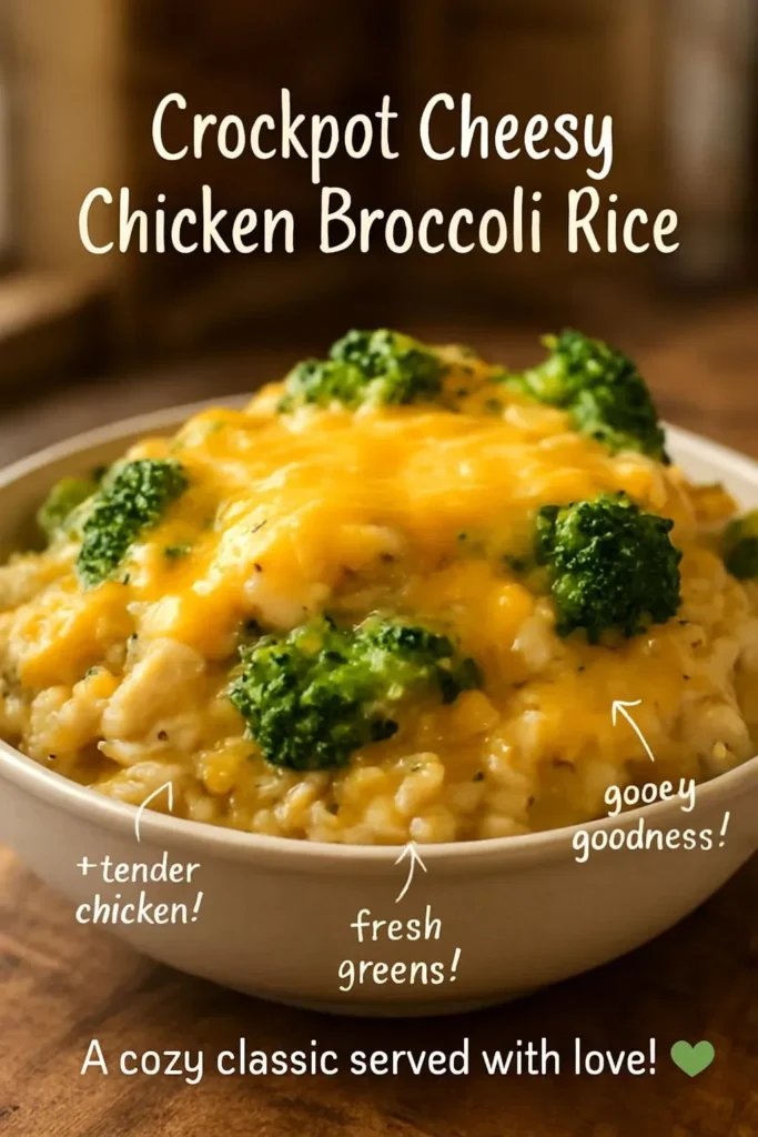 Delicious crockpot cheesy chicken broccoli rice dish in a bowl