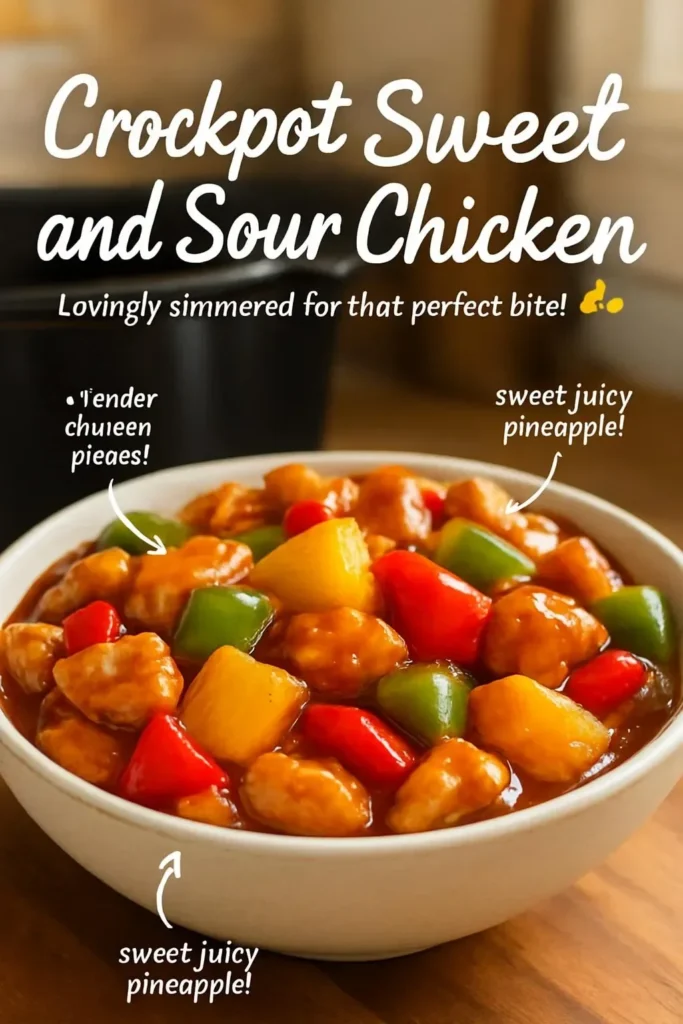 Crockpot Sweet and Sour Chicken dish garnished with colorful vegetables