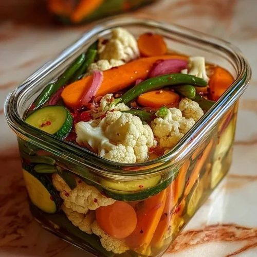 Crunchy tangy pickled veggies in a jar, vibrant colors showcasing freshness