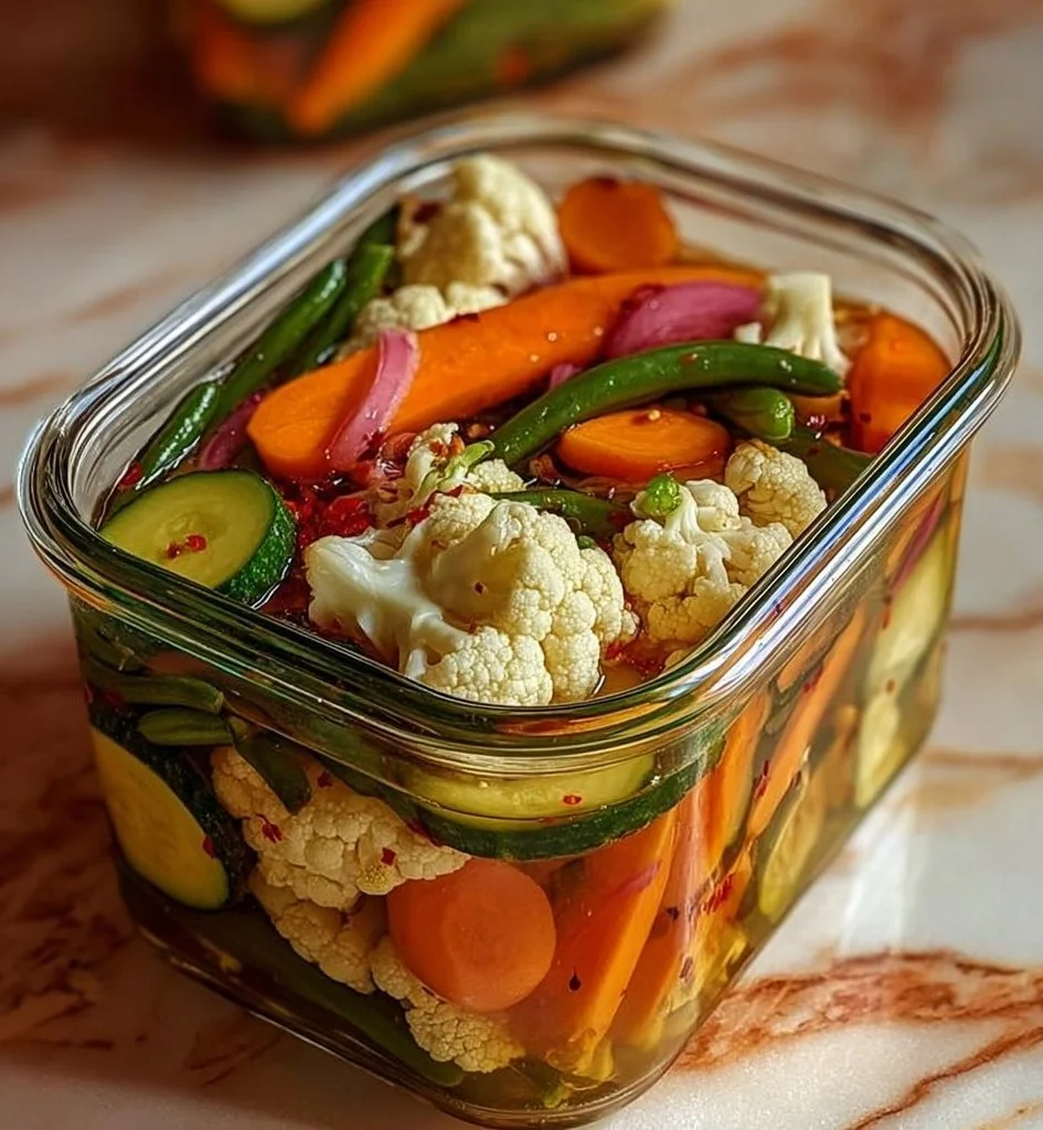 Crunchy tangy pickled veggies in a jar, vibrant colors showcasing freshness