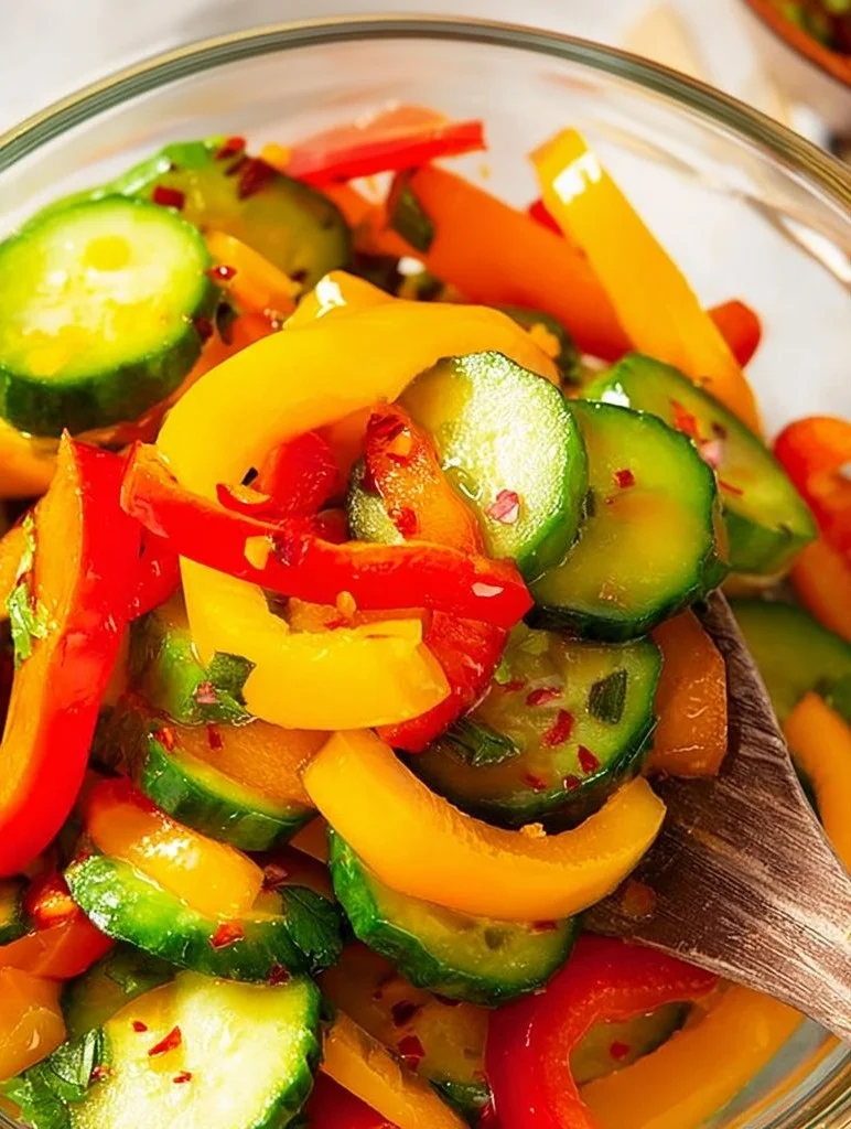 Fresh cucumber and sweet pepper salad served in a bowl