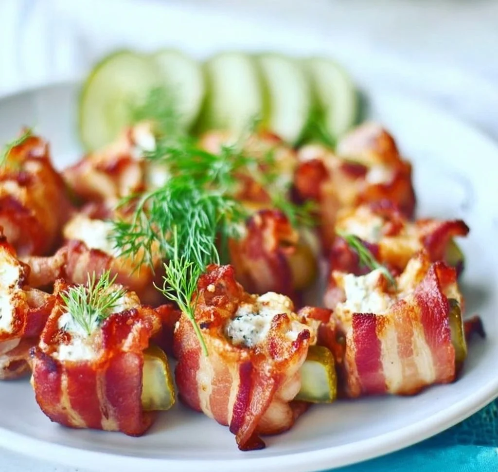 Dill Pickle Turkey Bacon Roll Ups served on a plate with dipping sauce.