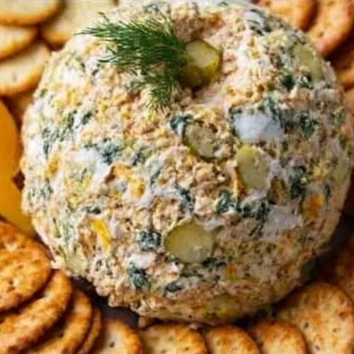 Delicious dill pickle cheese ball served with crackers