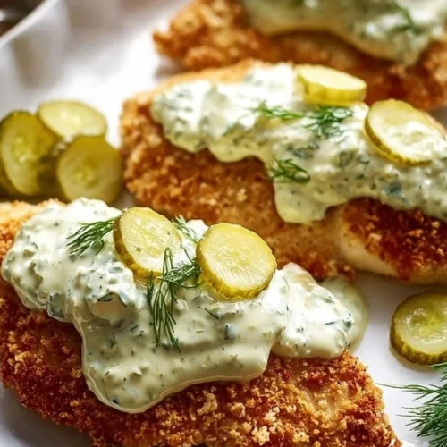 Dill Pickle Parmesan Chicken on a plate garnished with dill and parmesan.