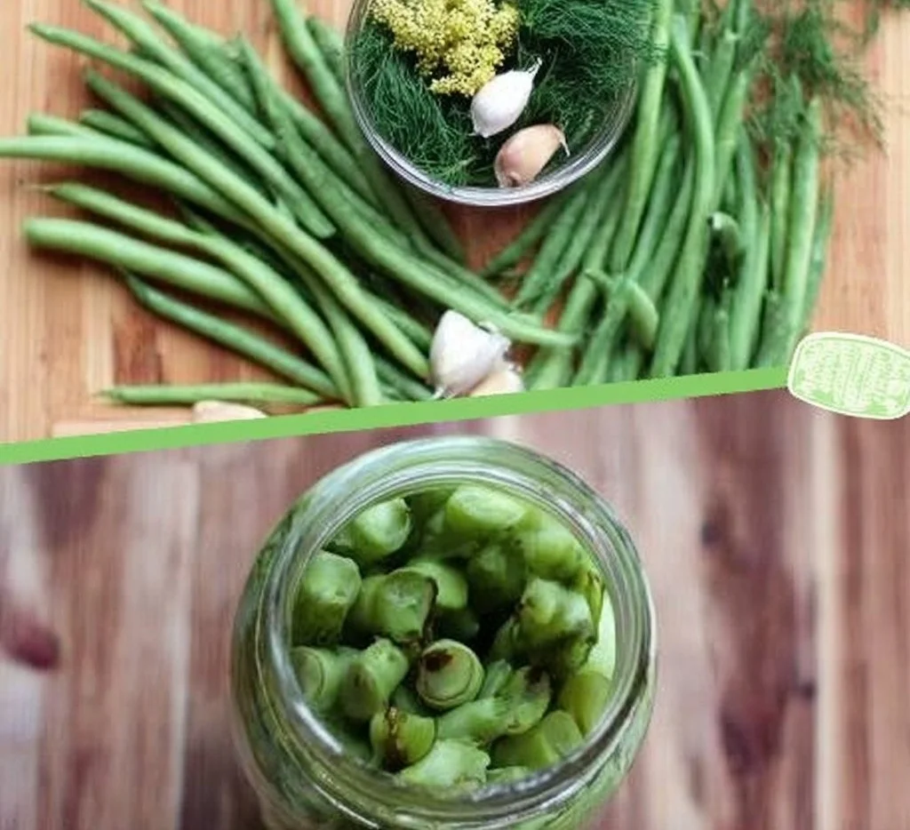 Jar of homemade dilly beans, dill pickled green beans, on a wooden table