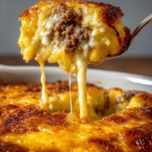 Dolly Parton's 5-Ingredient Casserole recipe with ingredients and serving suggestion.
