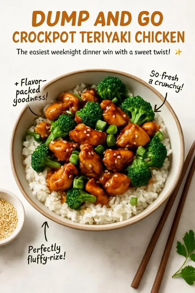 Tender crockpot teriyaki chicken served with rice and vegetables