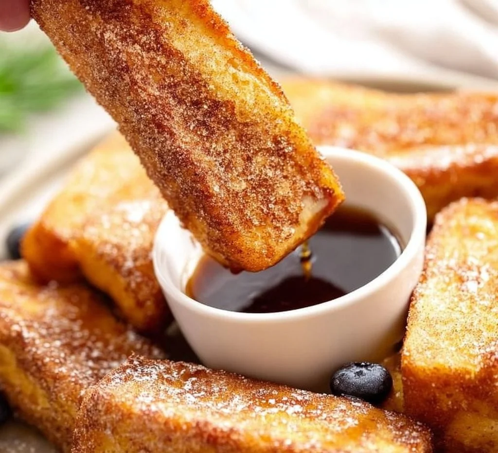 Easy French Toast Sticks served with syrup and fruit