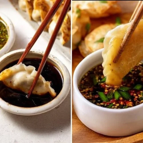 Bowl of easy gyoza dipping sauce beside steamed gyoza dumplings