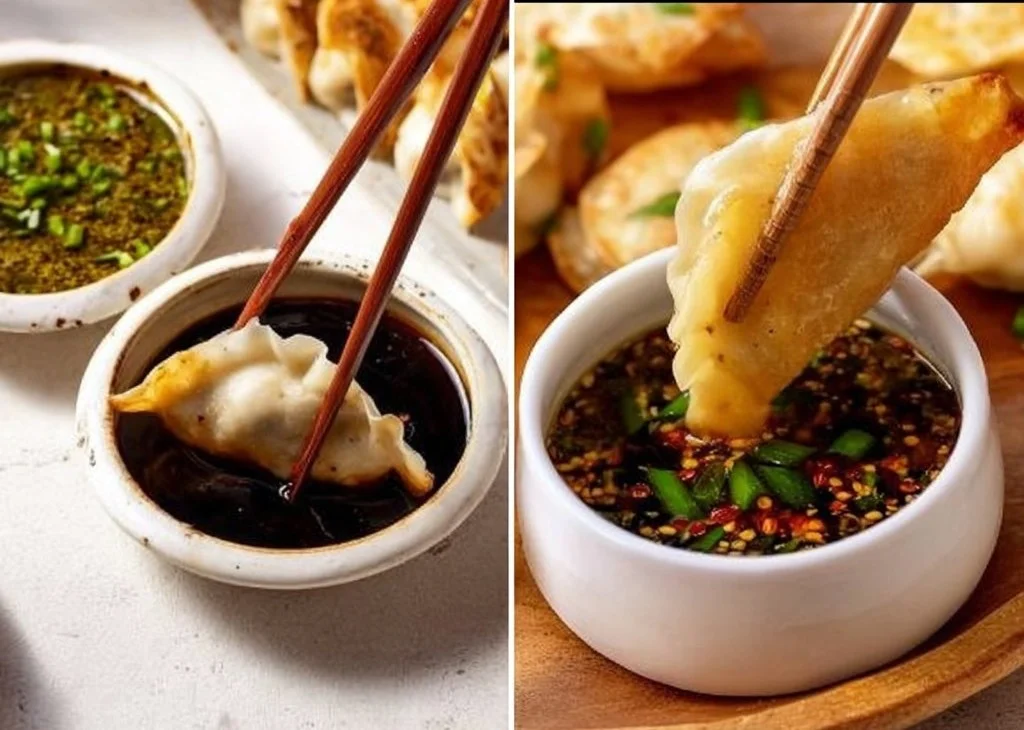 Bowl of easy gyoza dipping sauce beside steamed gyoza dumplings