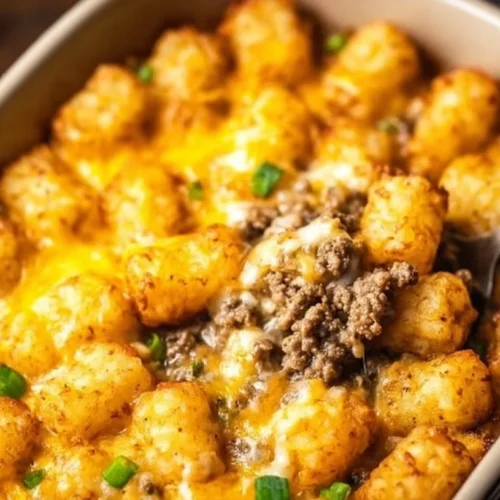 Delicious easy tater tot casserole topped with crispy tater tots and melted cheese.