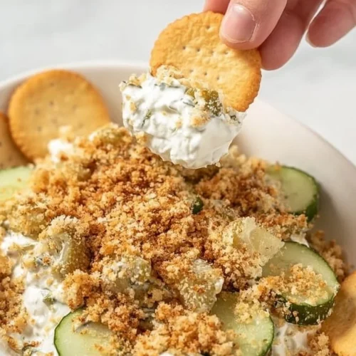 Delicious Fried Dill Pickle Dip served in a bowl with tortilla chips