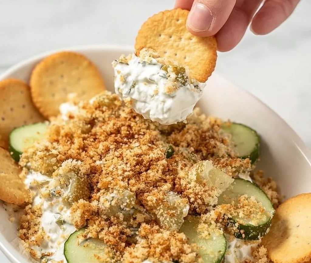 Delicious Fried Dill Pickle Dip served in a bowl with tortilla chips