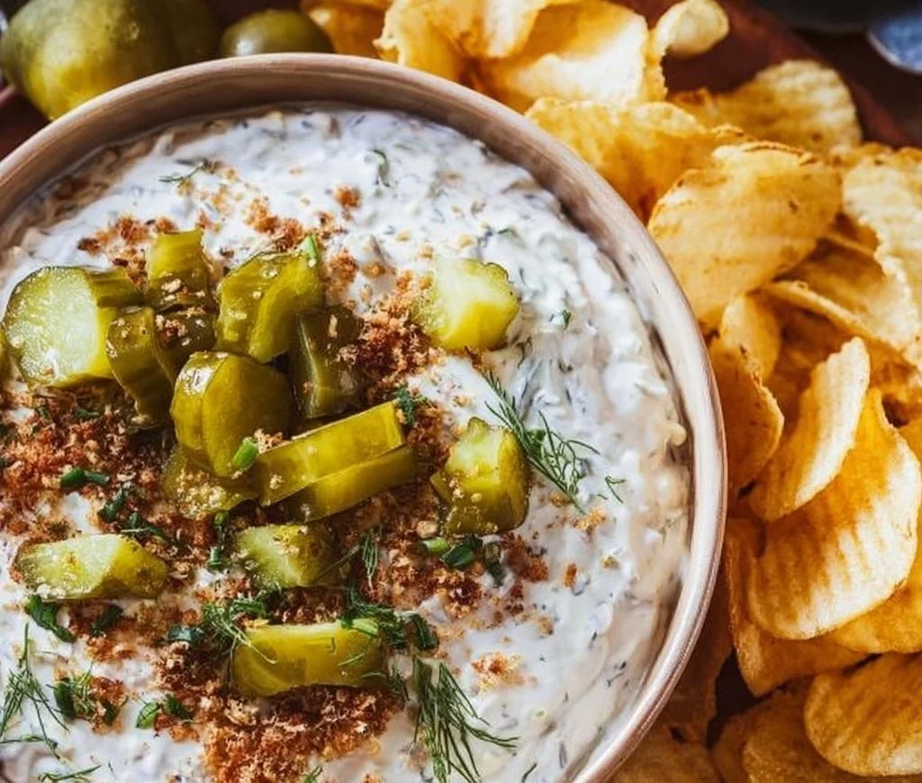 Creamy fried pickle and ranch dip served in a bowl with tortilla chips