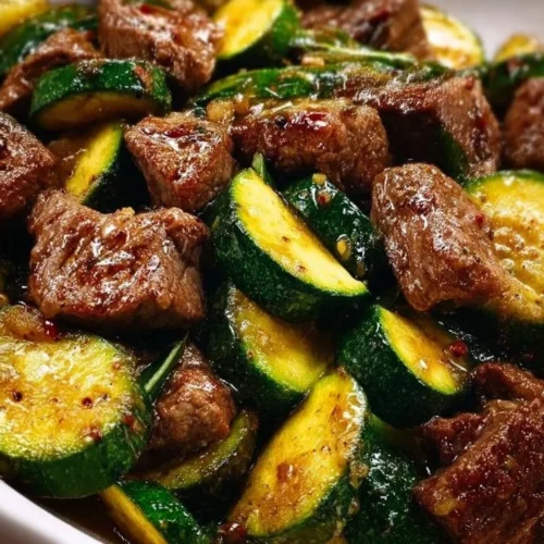 Delicious Garlic Butter Steak Bites served with sautéed zucchini