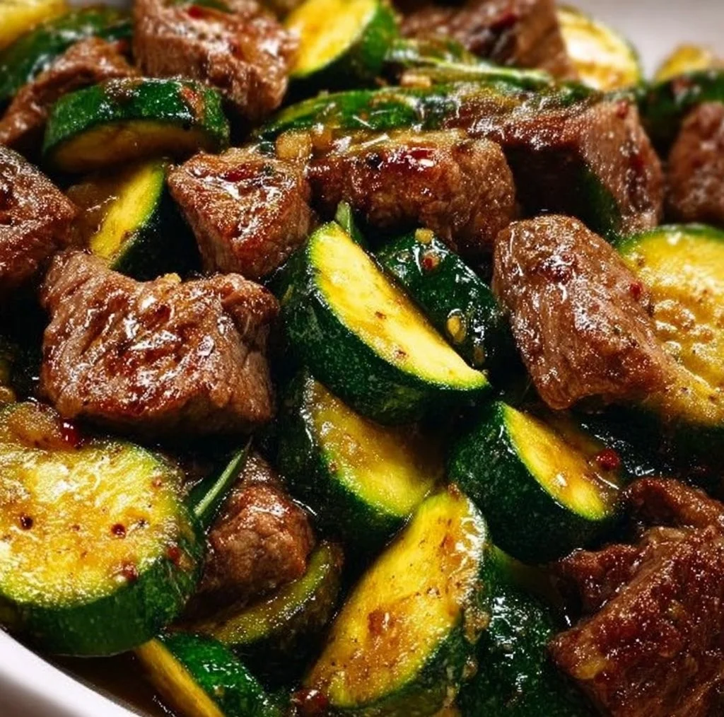Delicious Garlic Butter Steak Bites served with sautéed zucchini