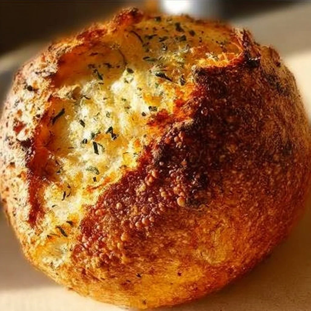 Freshly baked Garlic Herb Dutch Oven Bread with crispy crust and aromatic herbs