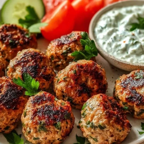 Greek Turkey Meatballs served with Tzatziki sauce on a plate