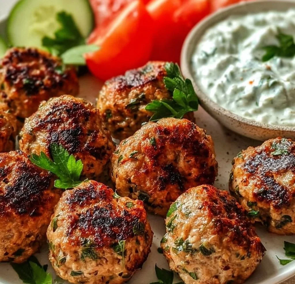 Greek Turkey Meatballs served with Tzatziki sauce on a plate