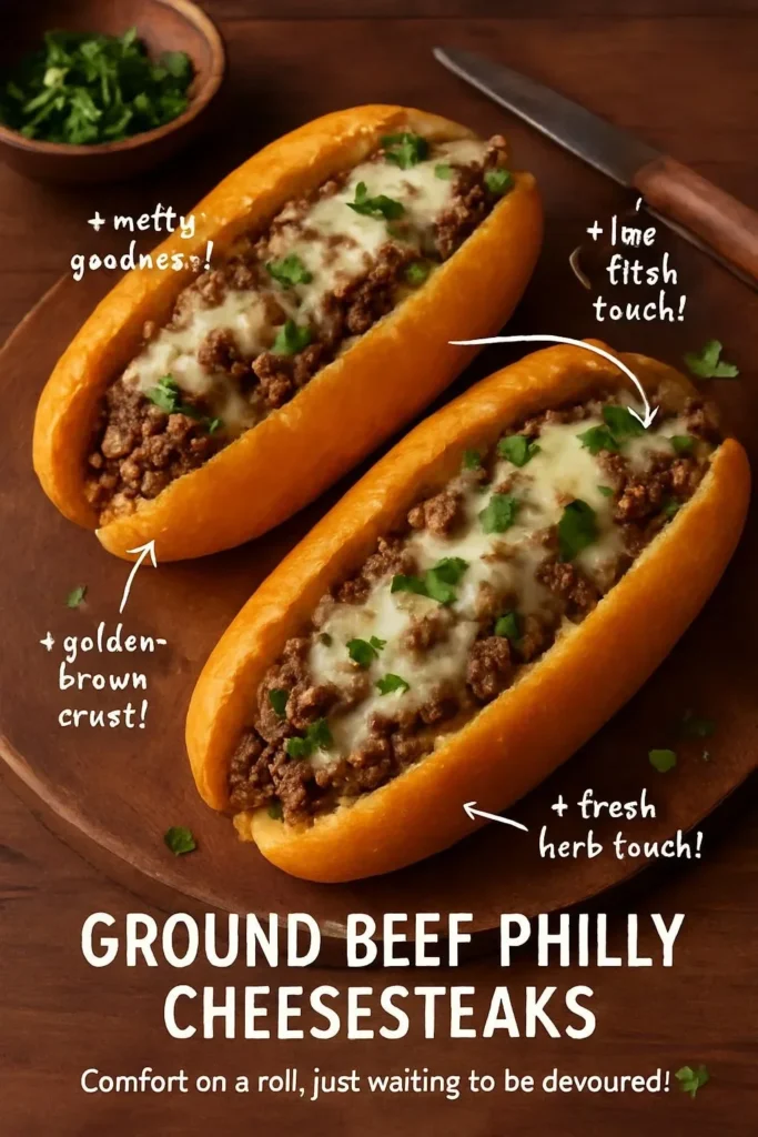 Delicious Ground Beef Philly Cheesesteaks with melted cheese and fresh rolls