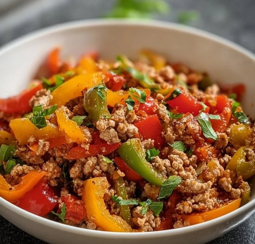 Sautéed ground turkey with colorful bell peppers in a skillet.