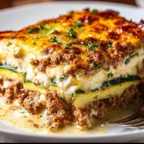 Delicious Ground Turkey Zucchini Casserole topped with cheese in a baking dish