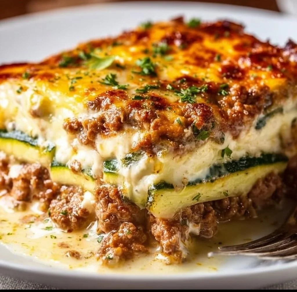 Delicious Ground Turkey Zucchini Casserole topped with cheese in a baking dish