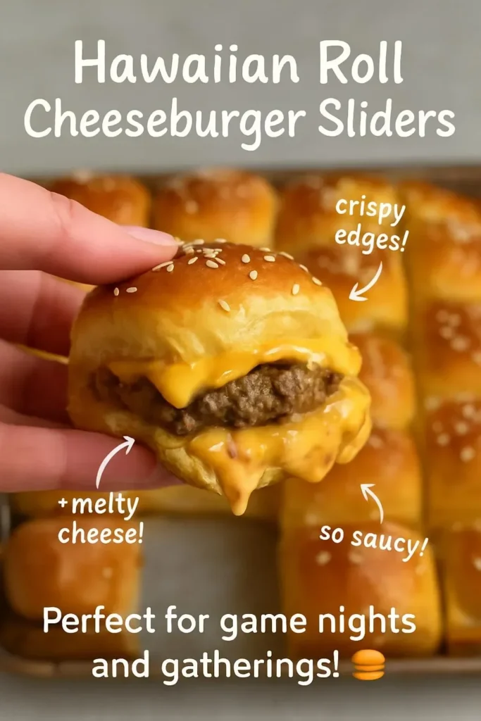 Hawaiian roll cheeseburger sliders served on a platter, garnished with pickles.